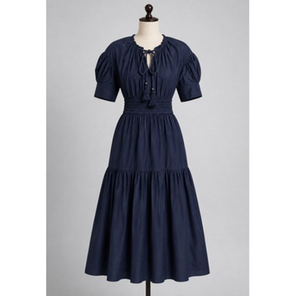 A.L.C. Dress 4 Blue Puff Sleeve VNeck Midi Fit Flare Cotton Cutout Smocked Becca